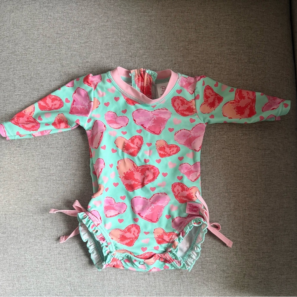 Ruffle Butts Teal and Pink Heart Swimsuit